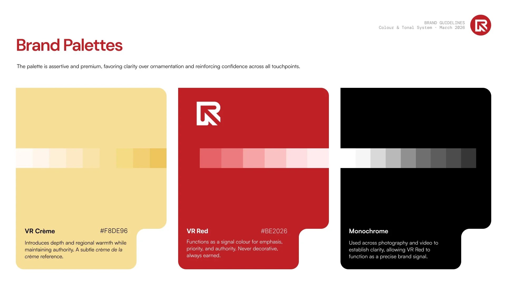 Vistas Rathmore brand palettes: VR Red and VR Creme