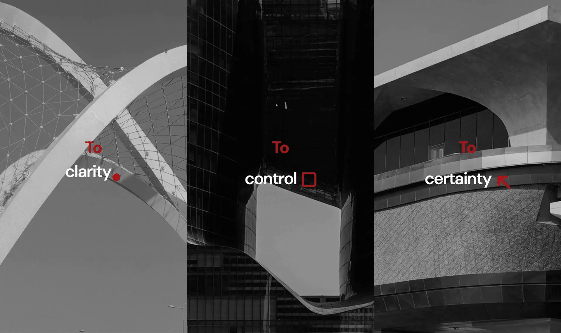 Vistas Rathmore logo decomposed into dot, frame, and arrow: Clarity, Control, Certainty